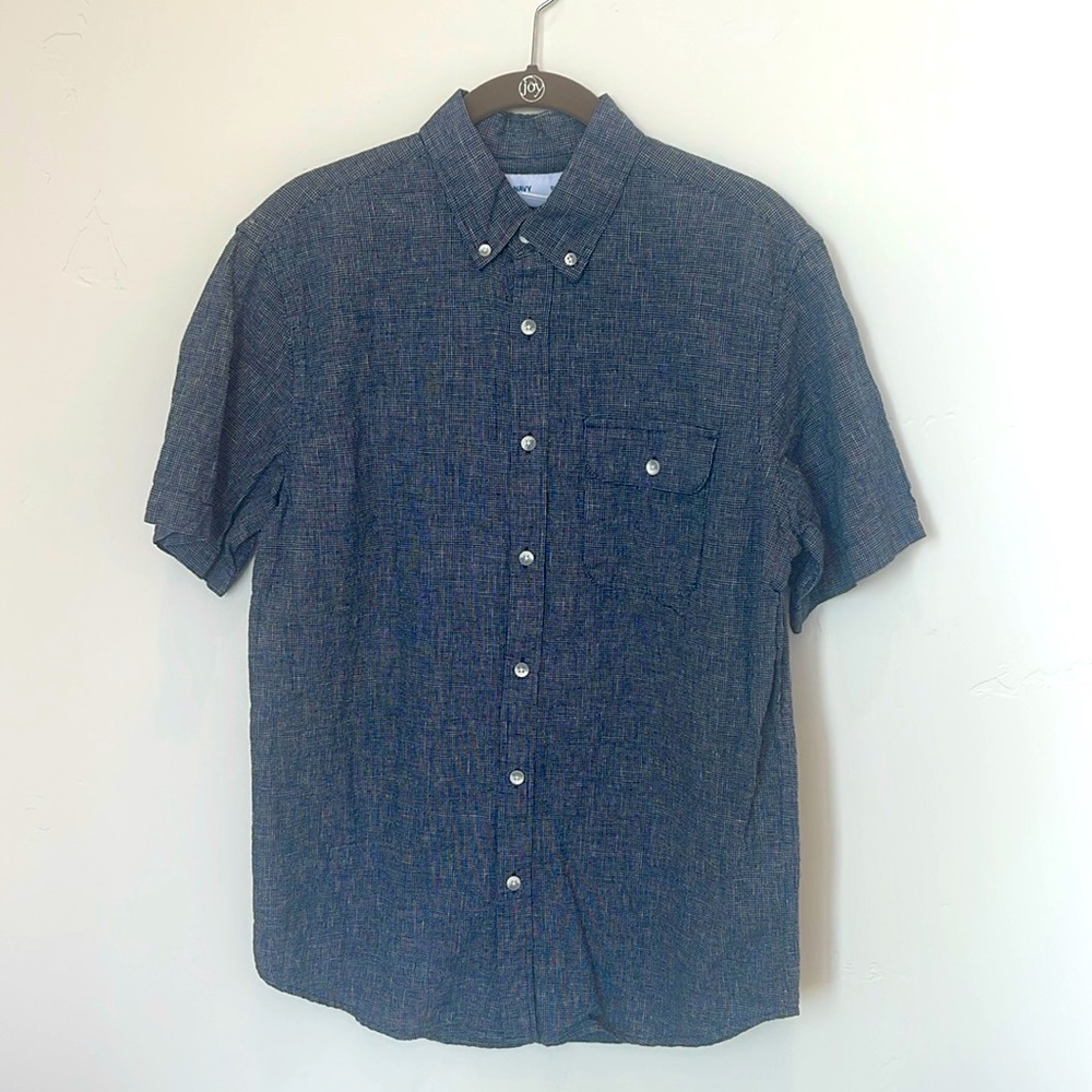 Old Navy Mens Size Medium Navy Blue White Cotton Linen Short Sleeve Slim Shirt